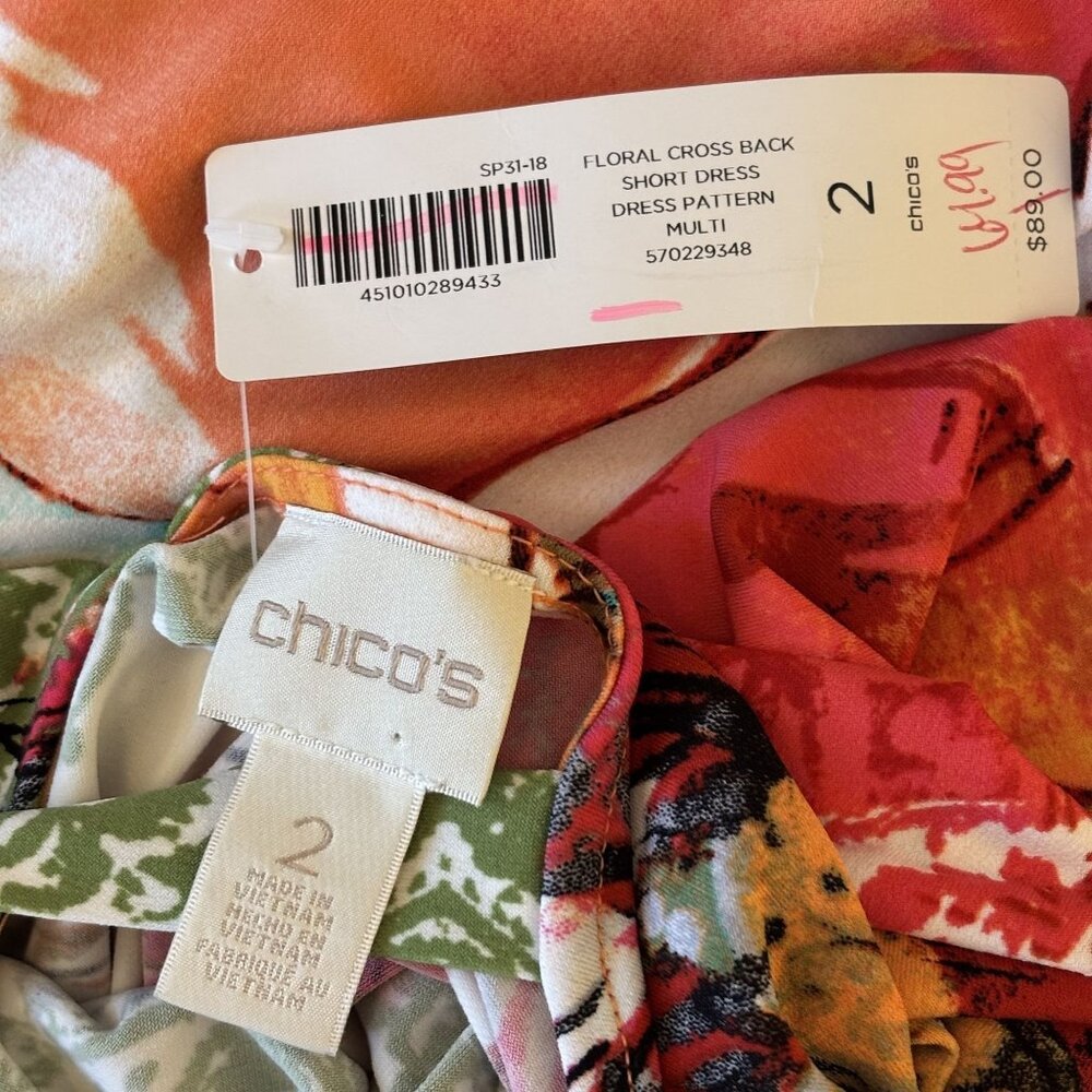 Colorful Boho-Style Short Sleeve Dress With V-Neck & Cross Back Chicos 2 = L - Picture 7 of 11